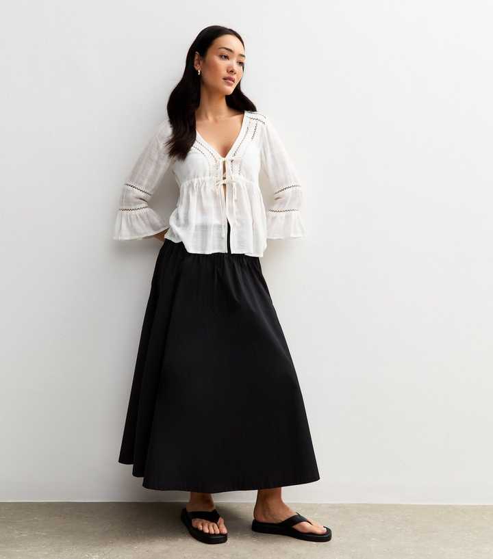 Black Shirred Waist Poplin Midi Skirt