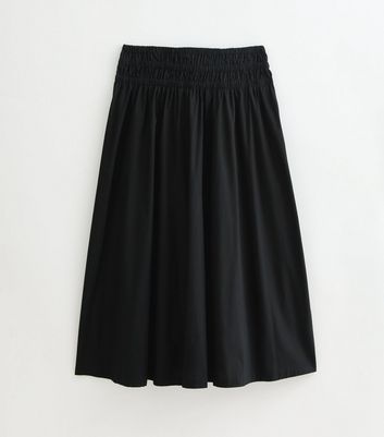 ●ROUGHNECK● Shirred Waist Band Midi Skirt / Black black-shirred-waist-poplin-