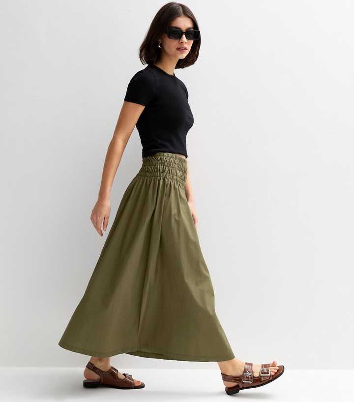 Khaki Shirred Waist Poplin Midi Skirt