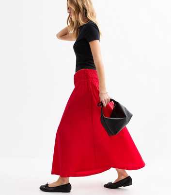 Red Shirred Waist Poplin Midi Skirt