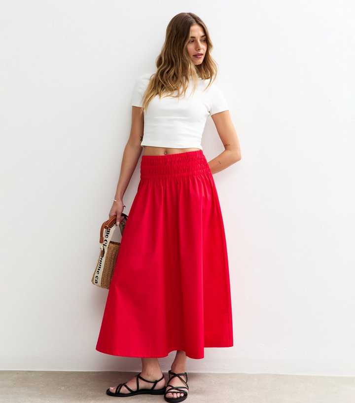Red Shirred Waist Poplin Midi Skirt