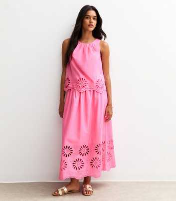 Pink Embroidered Cutout Hem Midi Skirt