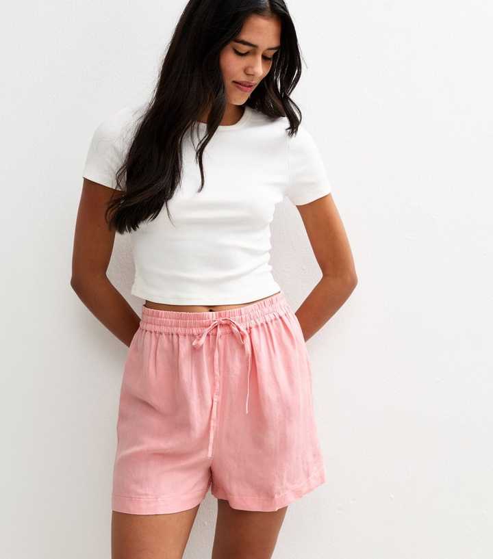 Pink Tie Waist Linen Blend Shorts