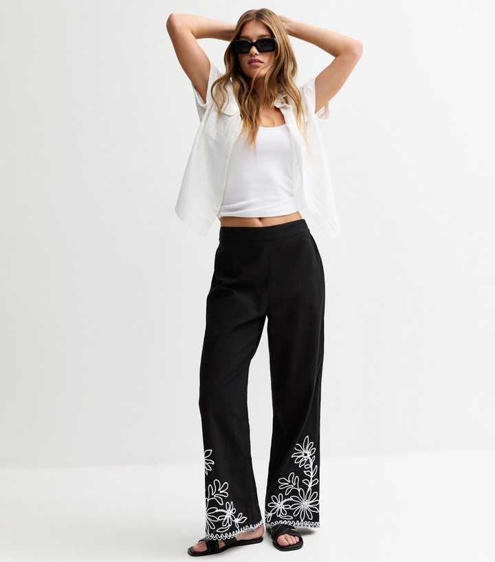 Black Floral Embroidered Straight Leg Trousers