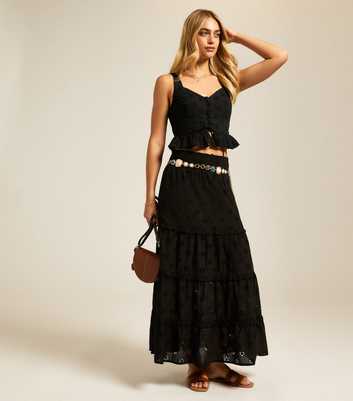 Black Broderie Anglaise Tiered Midi Skirt