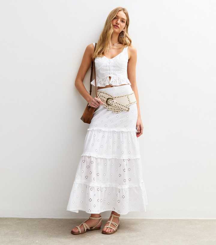 White Broderie Anglaise Tiered Midi Skirt