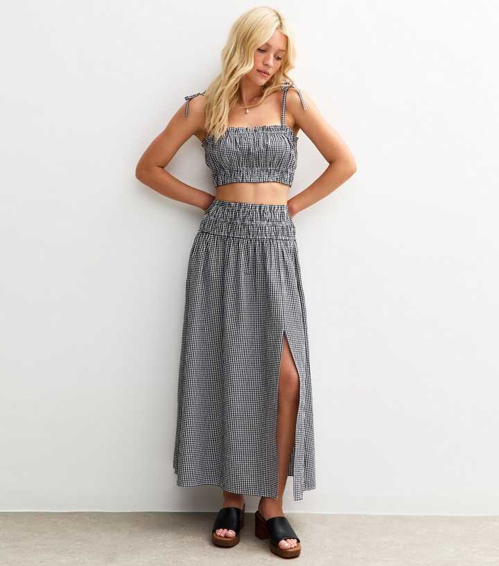 Black Gingham Check Slit Hem Maxi Skirt