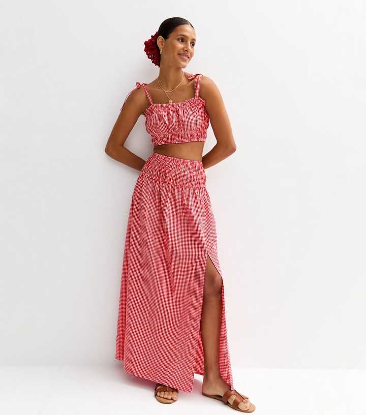 Red Gingham Check Slit Hem Maxi Skirt