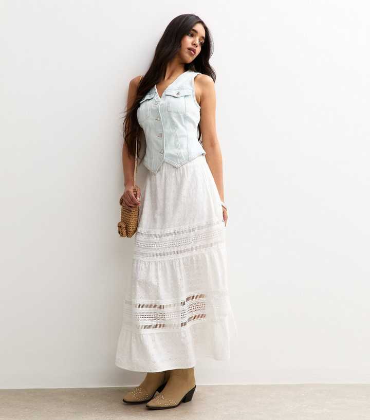 White Ladder Trim Cotton Midi Skirt
