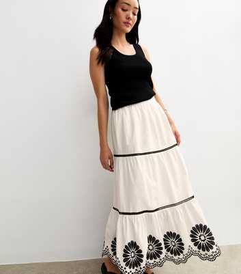 White Floral Embroidered Tiered Midi Skirt