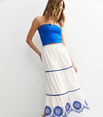 White Contrast Trim Embroidered Hem Midi Skirt