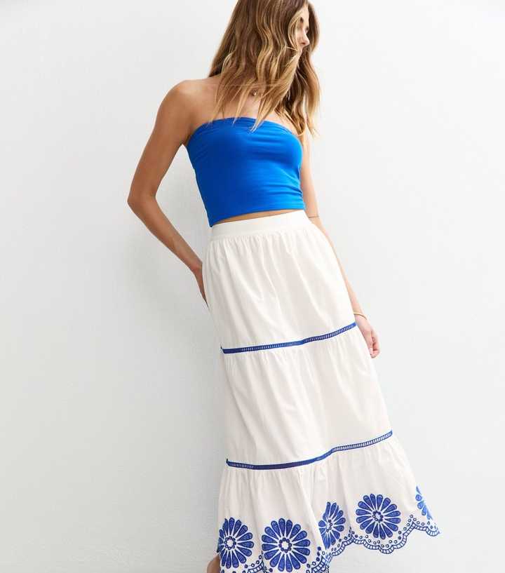 White Contrast Trim Embroidered Hem Midi Skirt