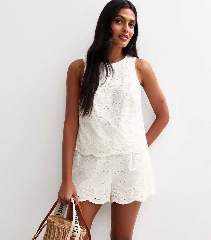 White Floral Embroidered Shorts