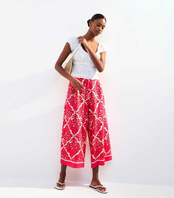 Pink Floral Border Print Crop Trousers