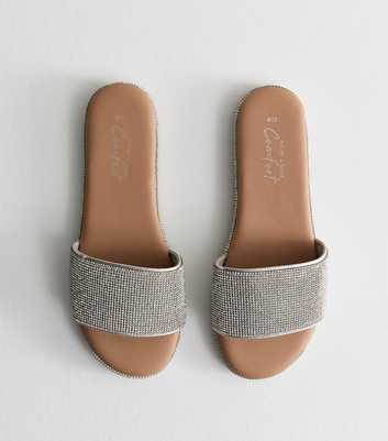 Silver Diamanté Wide Strap Faux Leather Sandals