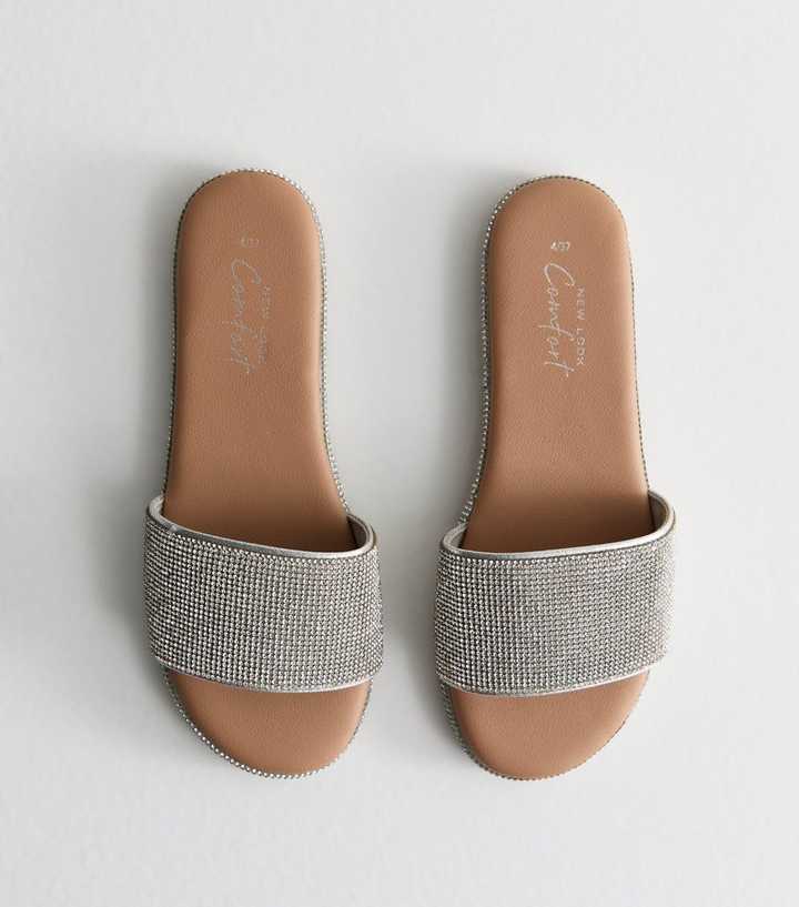 Silver Diamanté Wide Strap Faux Leather Sandals
