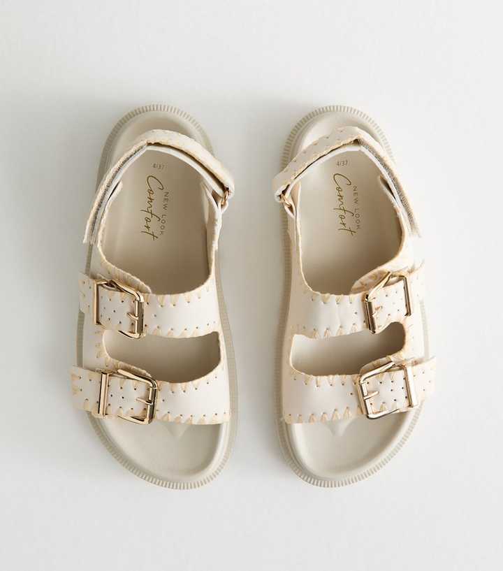 White Whipstitched Faux Leather Sandals
