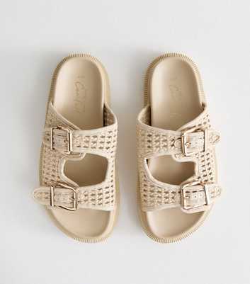Off White Basket Weave Buckled Strap Sandals