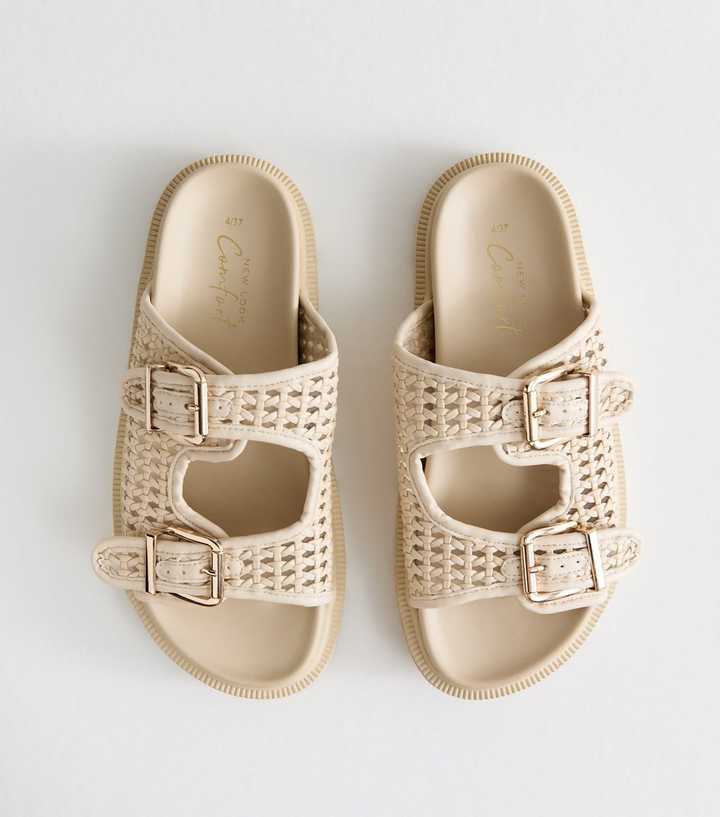 Off White Basket Weave Buckled Strap Sandals