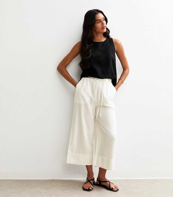 White Linen Blend Cropped Trousers