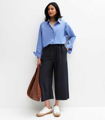 Navy Linen Blend Cropped Trousers