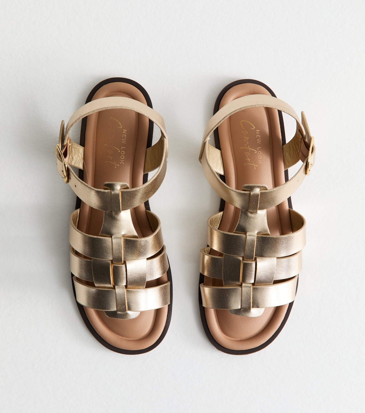 Women's Gold Faux Leather Multi Strap Gladiator Sandals Vegan New Look
