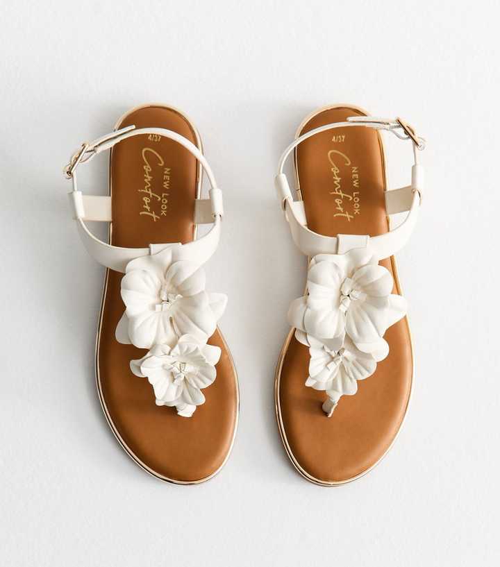 White Faux Leather Hyacinth Flower Embellished Flat Sandals