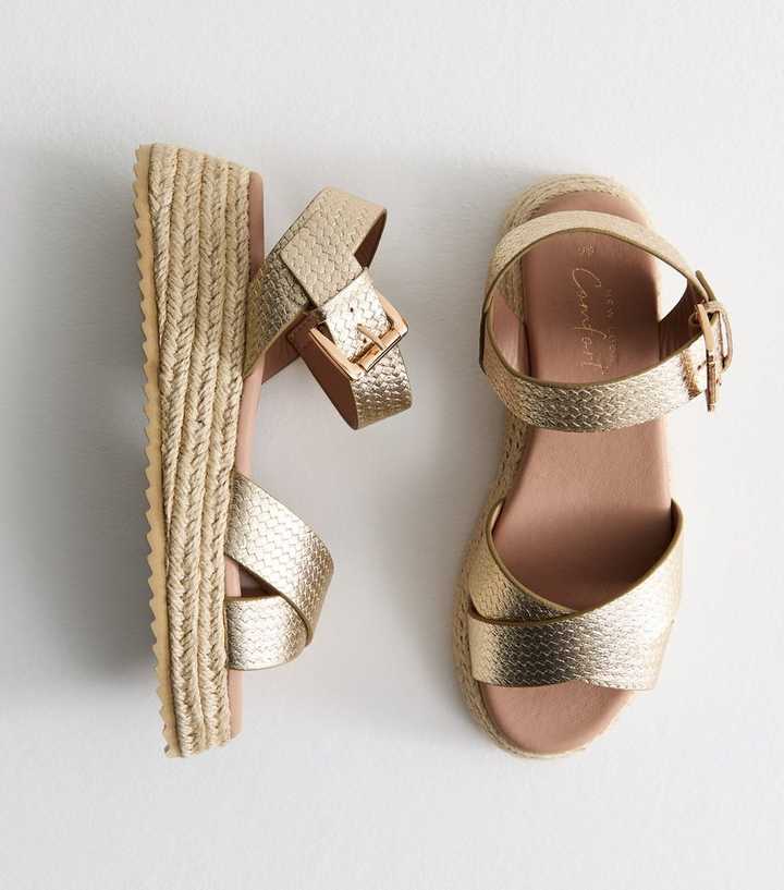 Gold Crossover Strap Faux Leather Flatform Sandals
