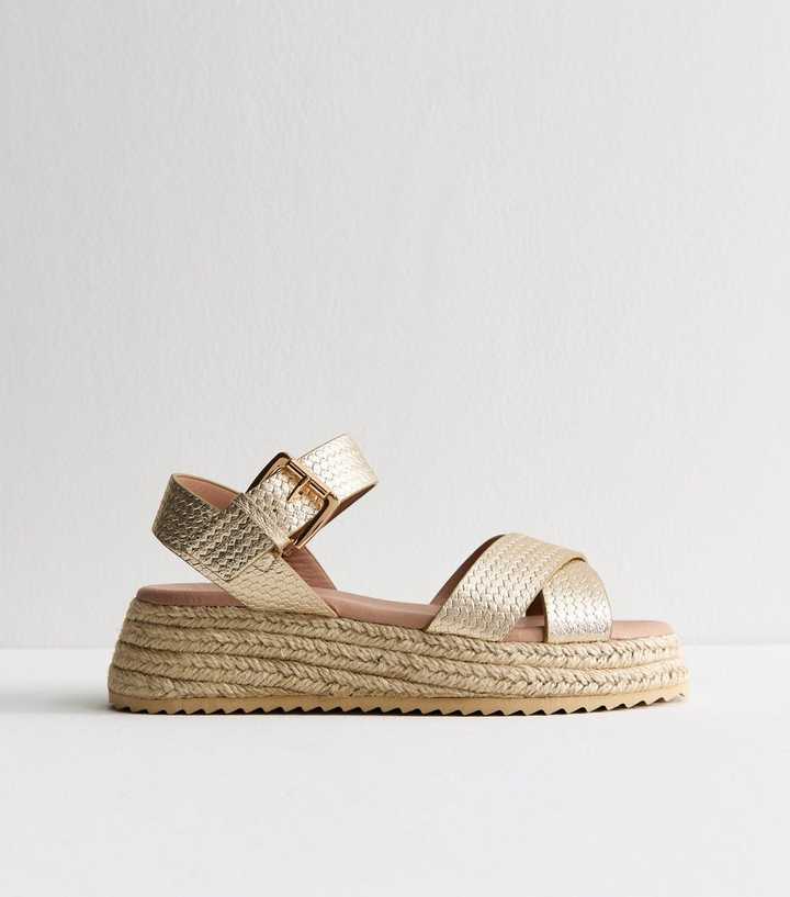Gold Crossover Strap Faux Leather Flatform Sandals