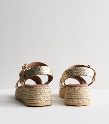 Rose Gold Quiz Flatform Sandals Gold Crossover Strap Faux Leather