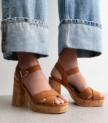 Brown Faux Suede Cork Platform Heeled Sandals