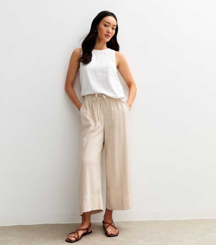 Stone Linen Blend Wide Leg Cropped Trousers