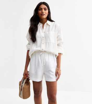 White Linen Blend Drawstring Waist Shorts