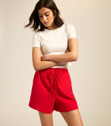 Red Linen Blend Drawstring Waist Shorts