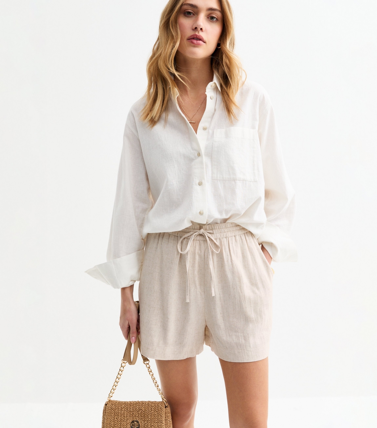 Women's Stone Tie Waist Linen-Blend Shorts New Look