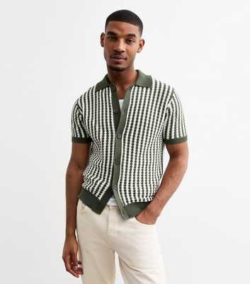 Green Striped Regular Buttoned Knit Polo Shirt