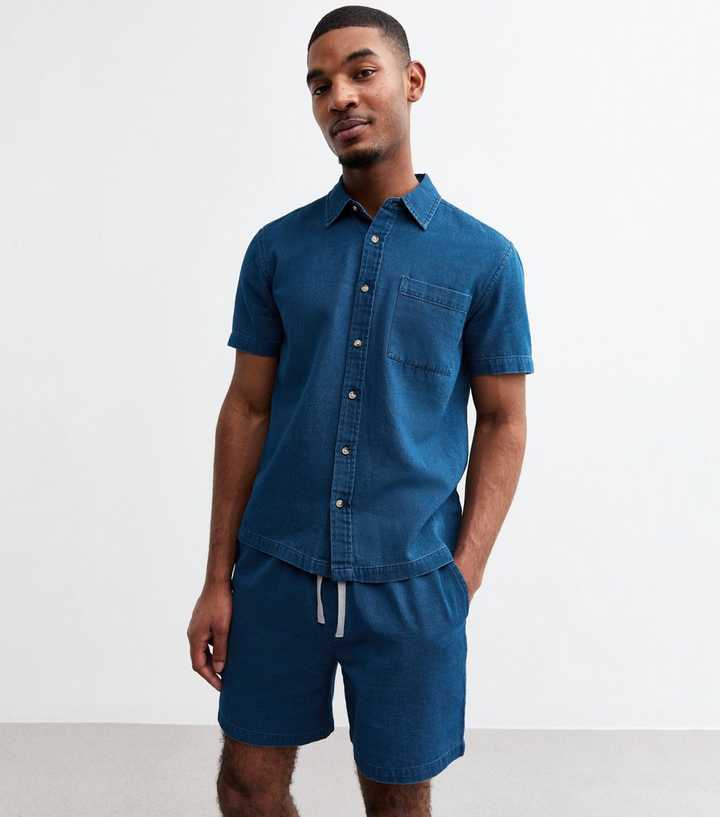 Blue Regular Drawstring Waist Denim Shorts
