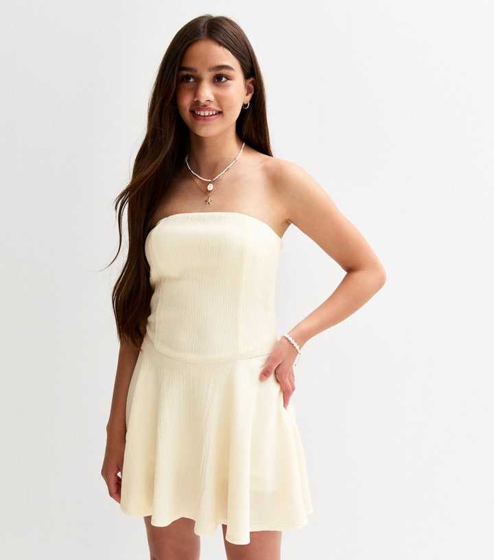 Girls Cream Textured Bandeau Mini Dress