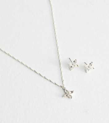 Silver Tone Diamante Leaf Necklace And Earrings Set