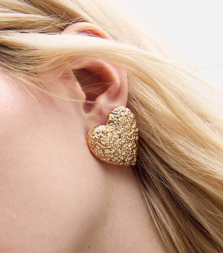 Gold Tone Textured Heart Earrings