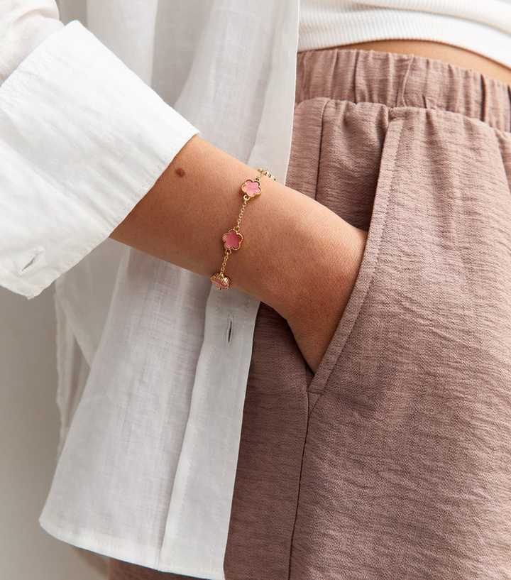 Gold Tone Pink Flower Bracelet
