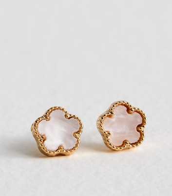 Gold Tone Cream Flower Stud Earrings