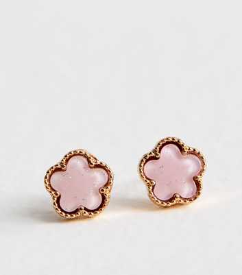 Gold Tone Pink Flower Stud Earrings