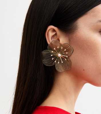 Gold Tone Oversized Flower Earrings