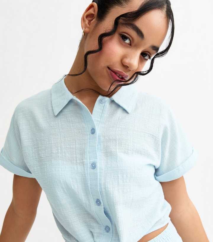 Girls Light Blue Tie Front Gauze Shirt