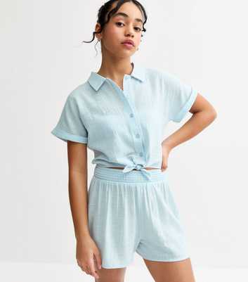 Girls Light Blue Gauze Elasticated Waist Shorts
