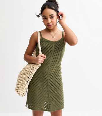 Girls Khaki Green Crochet Open Knit Mini Dress