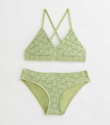 Girls Light Green Crochet Triangle Bikini Set