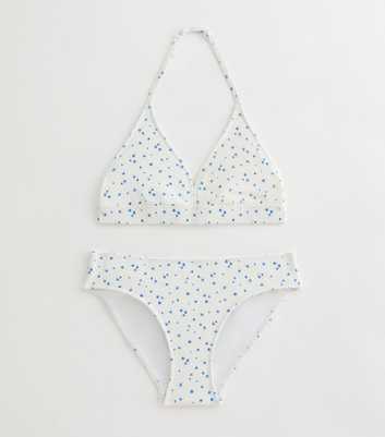 Girls White Ribbed Floral Print Halterneck Bikini Set