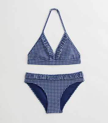 Girls Navy Gingham Frilly Trim Bikini Set